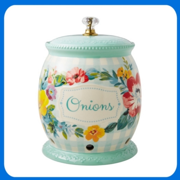 ❤️ New Pioneer Woman Sweet Romance Teal Gingham Onion Keeper with Lid - Picture 1 of 8